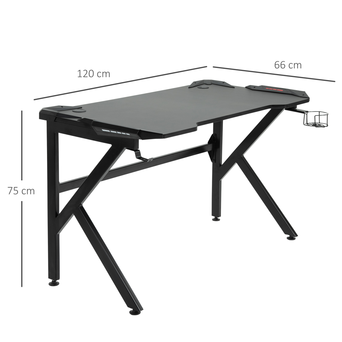Gaming Desk with K‑Frame, Cup Holder & Headphone Hook (Black) - 120 x 60 cm