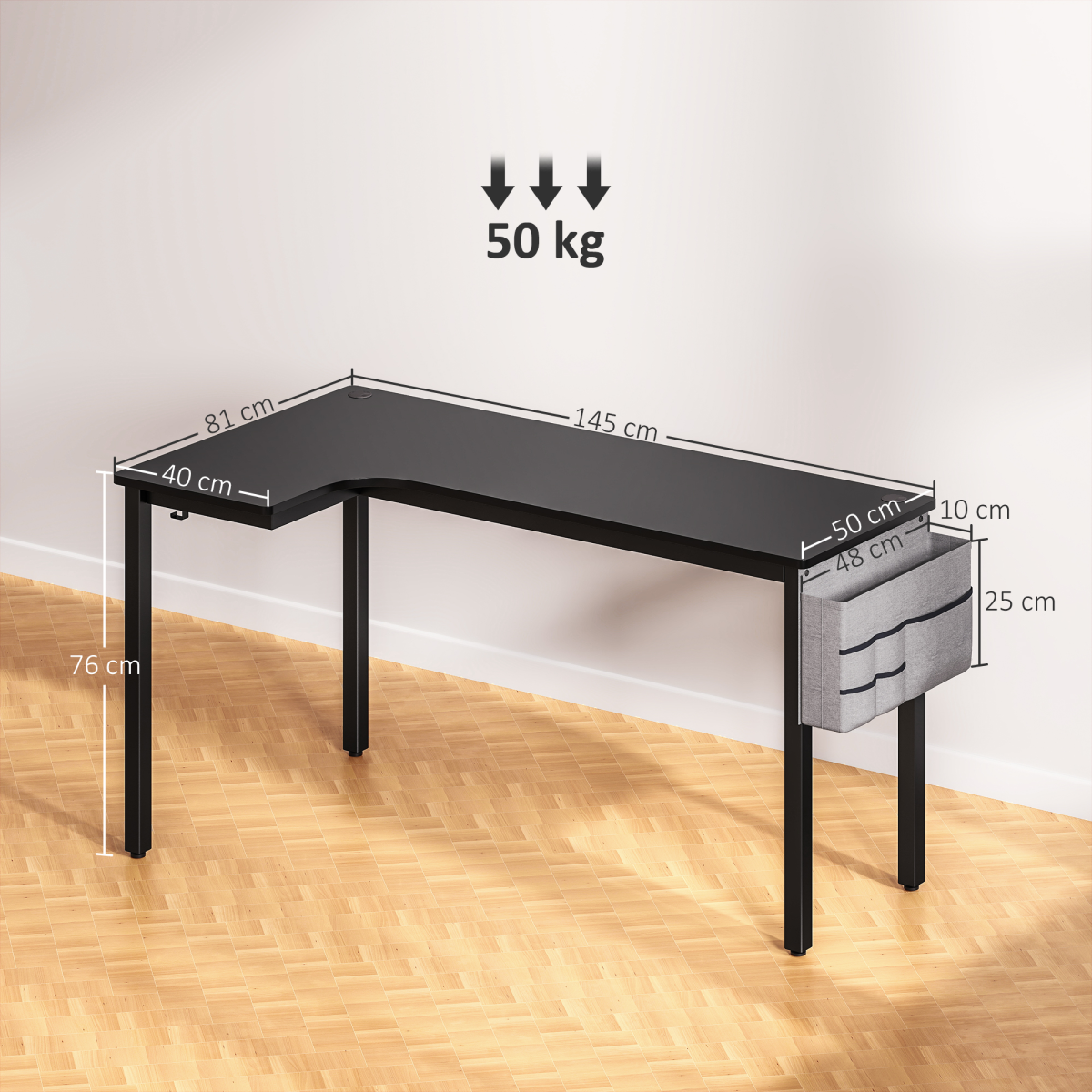 L‑Shaped Corner Desk with Storage Bag & Hooks  (Black) – 145×81 cm