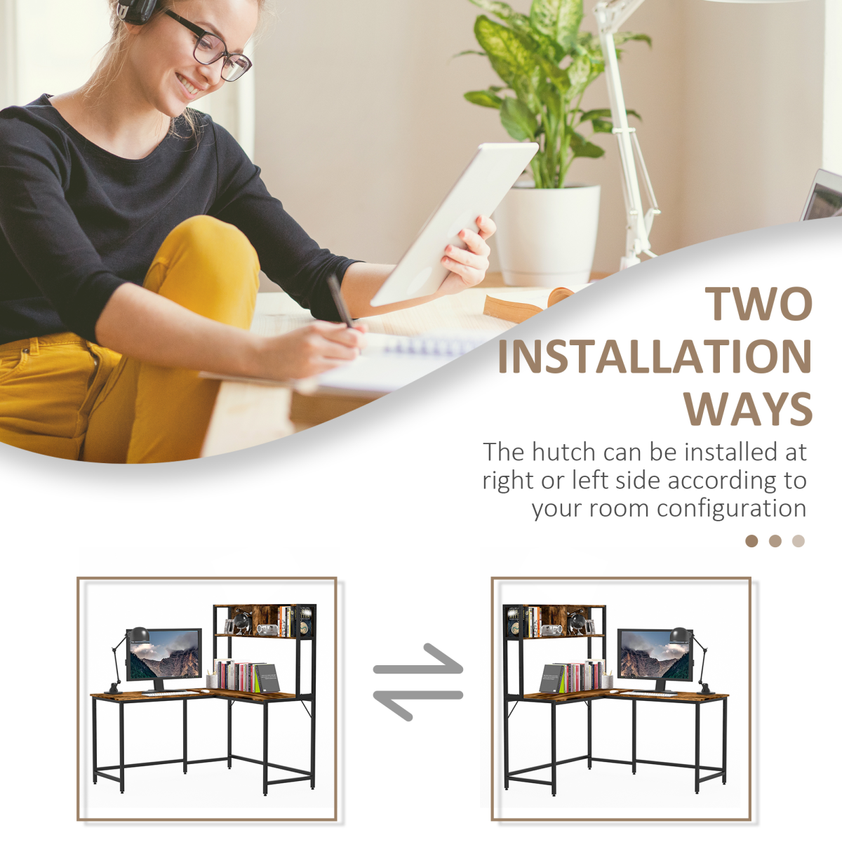 Industrial L-Shaped Corner Desk with Shelf - Brown & Black