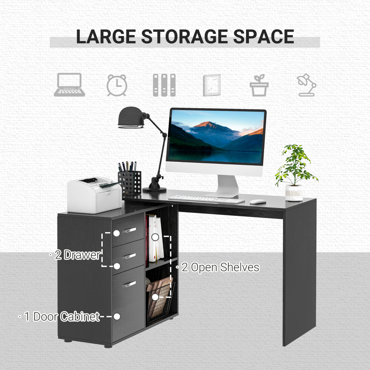 Convertible Workstation Desk with Drawer & Shelf (Black) - 162 x 50 cm