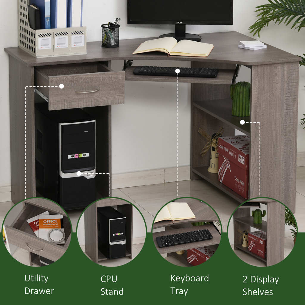 L-Shaped Corner Computer Desk with Storage Shelves & Keyboard Tray – Grey