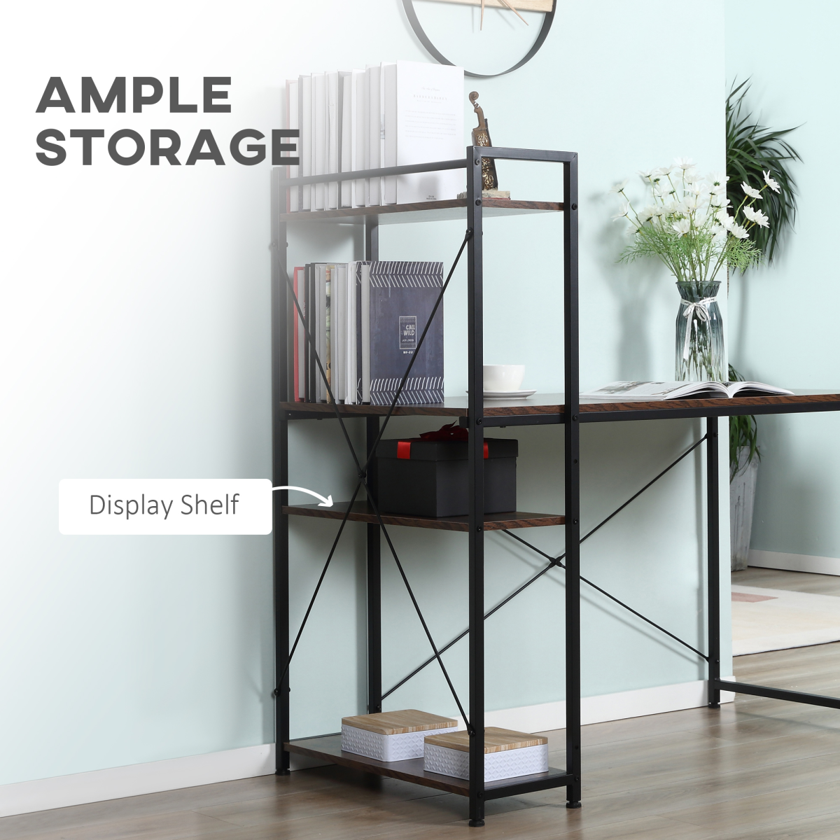 4-Tier Computer Desk with Bookshelf, Study Workstation PC Table for Home Office HTML