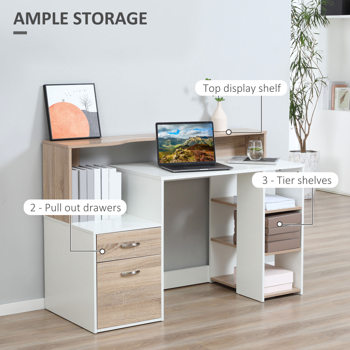Multi‑Storage Workstation Desk with Shelves & Drawers (Oak) – 137×55 cm