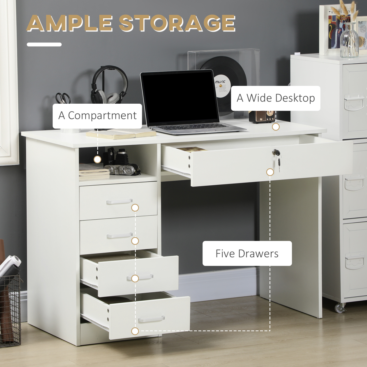 Computer Desk with 5 Drawers & Lockable Storage – White Home Office Workstation