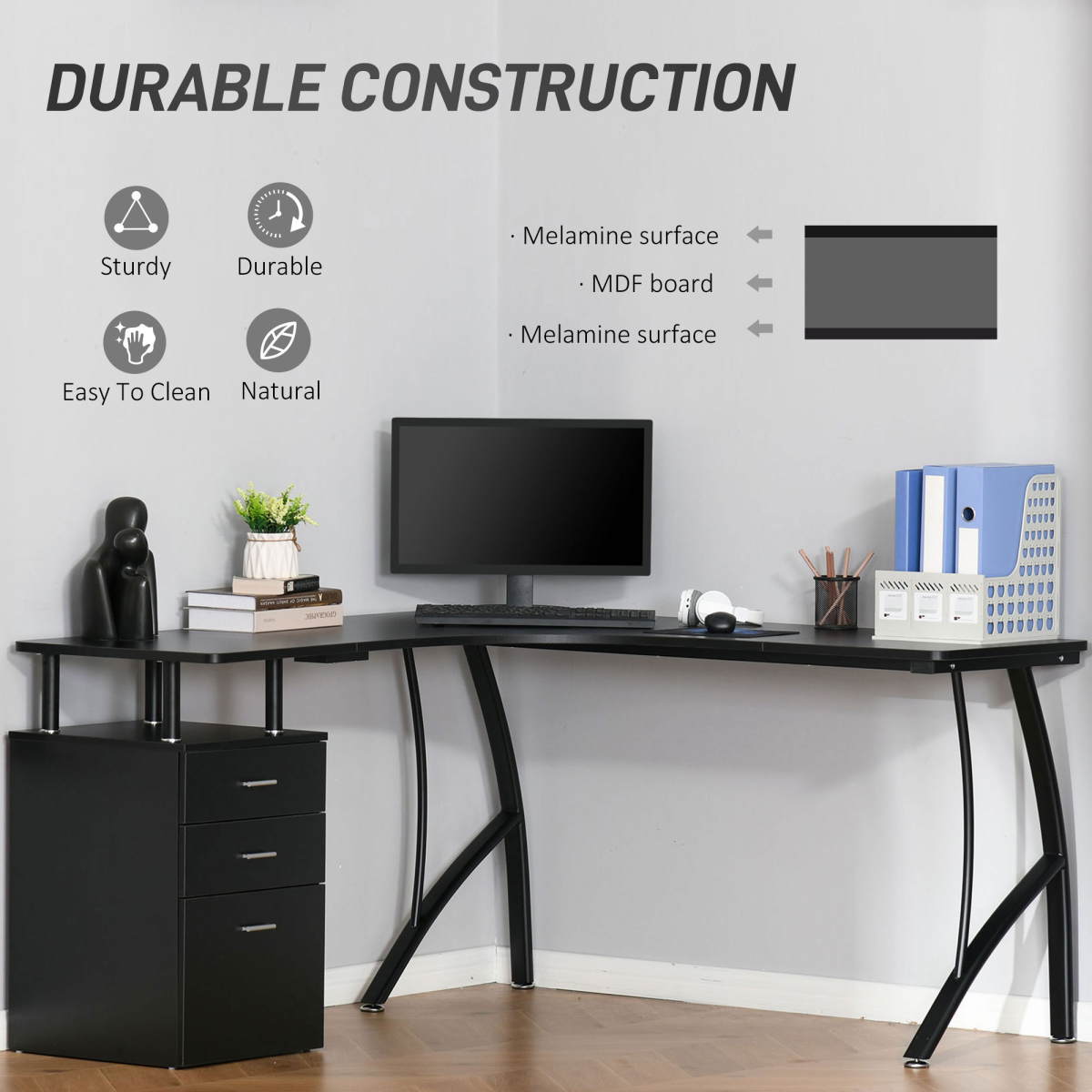 L-Shaped Corner Computer Desk with 3 Drawers – Black Home Office Workstation