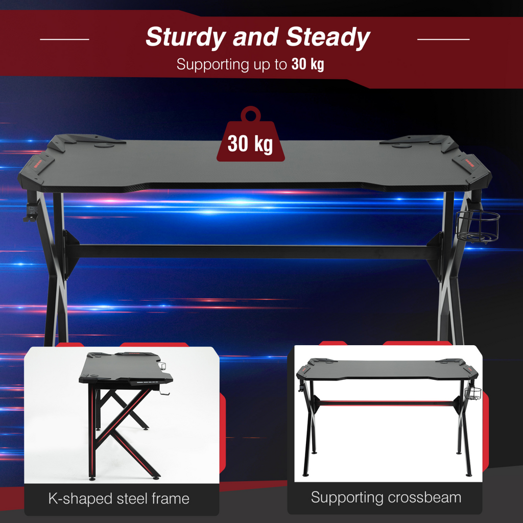 Gaming Desk with Cup Holder, Headphone Hook & Cable Management – 120cm