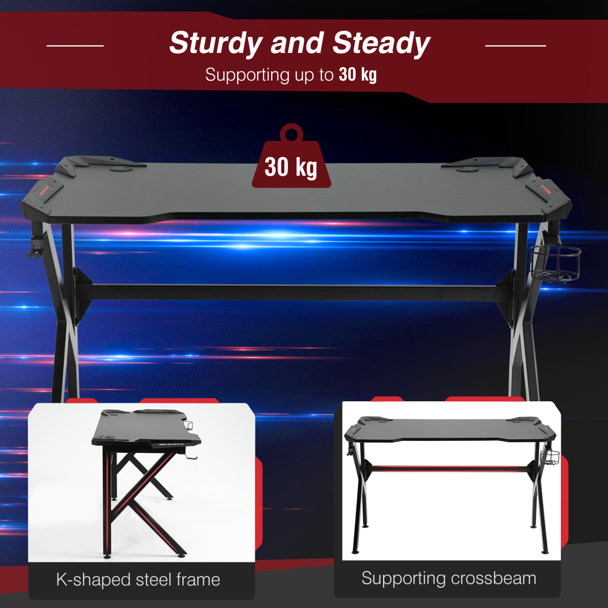 Gaming Desk with Cup Holder, Headphone Hook & Cable Management – 120cm