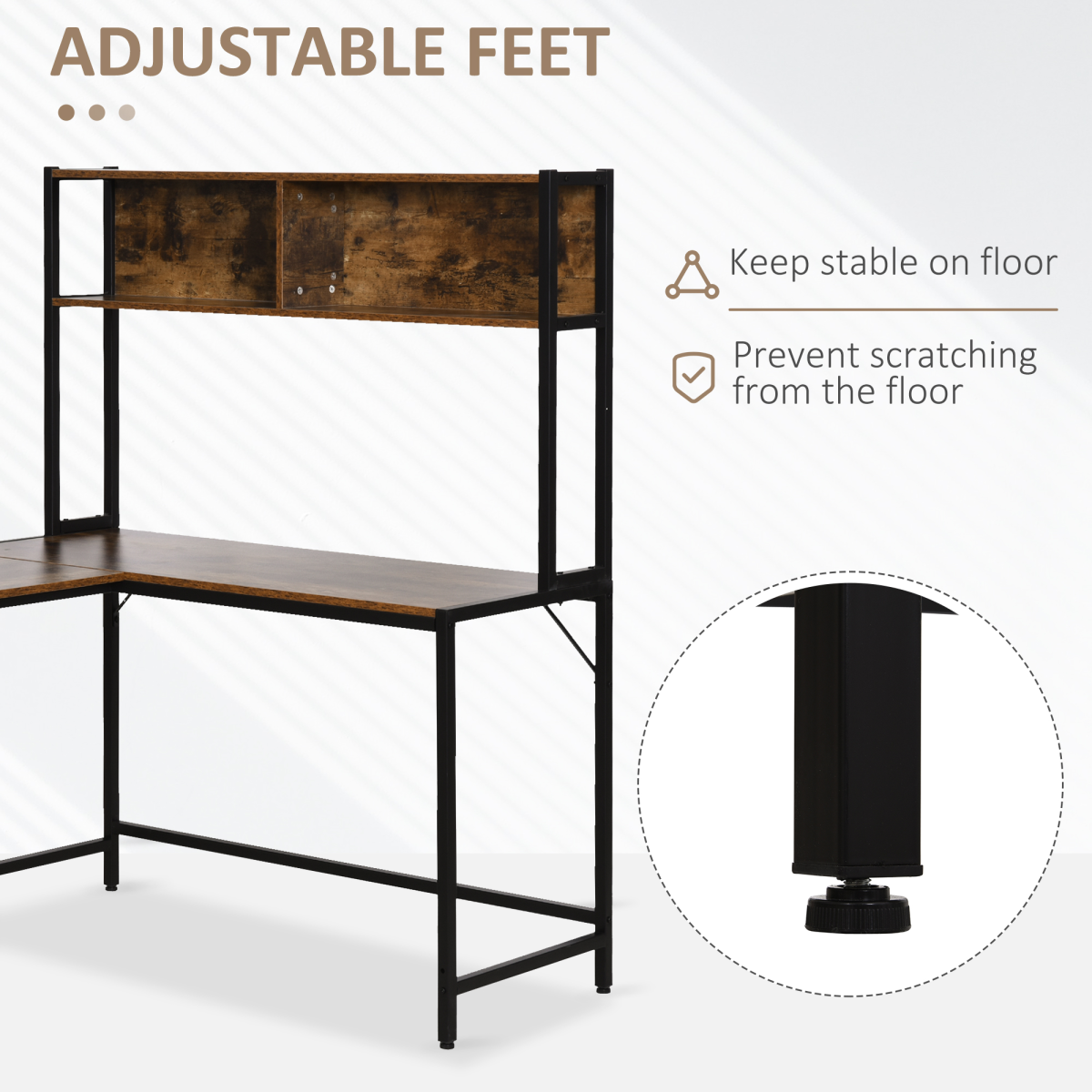 Industrial L‑Shaped Desk with Shelf (Brown & Black) – 149×140×125 cm