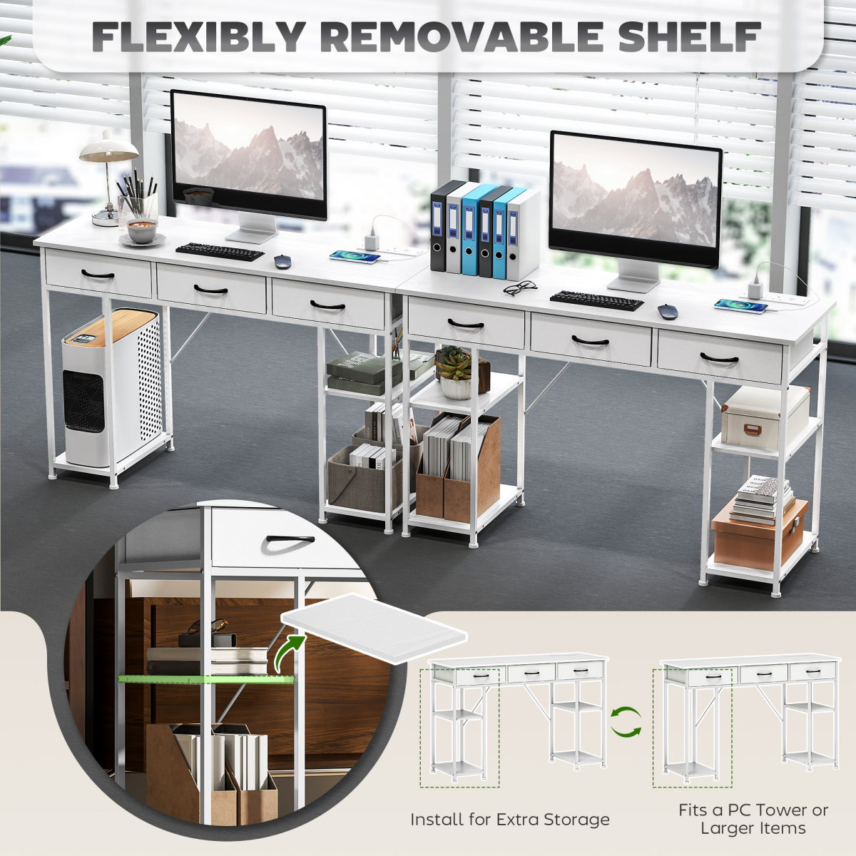 Workstation Desk with Power Outlets & Fabric Drawers (White) - 120×40 cm