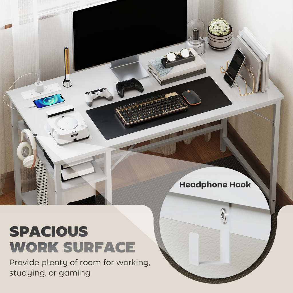 Home Office Desk with Power Outlets & Reversible Shelves (White) - 120×60 cm