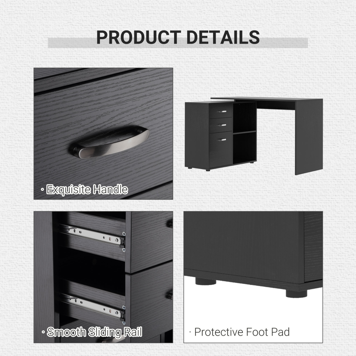 Convertible Workstation Desk with Drawer & Shelf (Black) - 162 x 50 cm