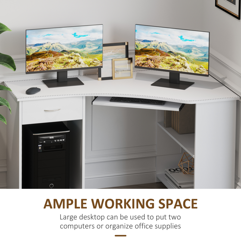 L-Shaped Corner Computer Desk with Shelves, Drawer & Keyboard Tray – White