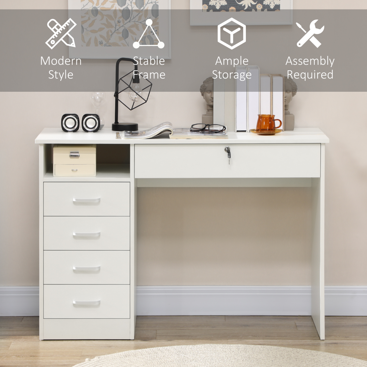 Writing Desk with Five Drawers (White) – 110×50×76 cm