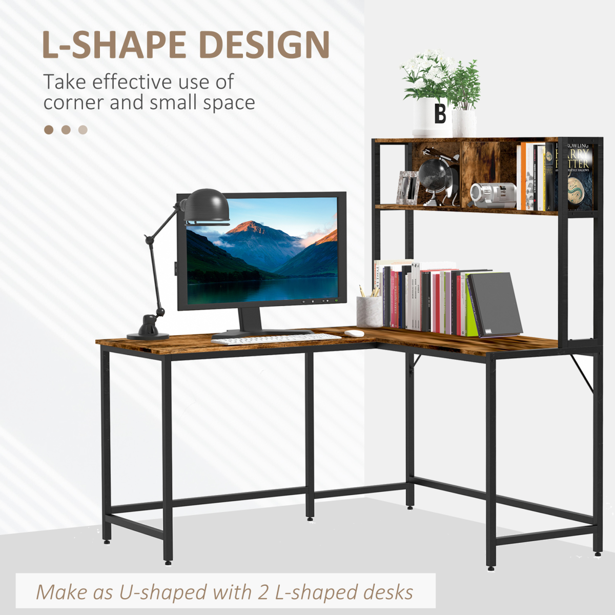 Industrial L‑Shaped Desk with Shelf (Brown & Black) – 149×140×125 cm