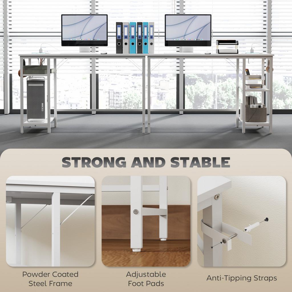 Home Office Desk with Power Outlets & Reversible Shelves (White) - 120×60 cm