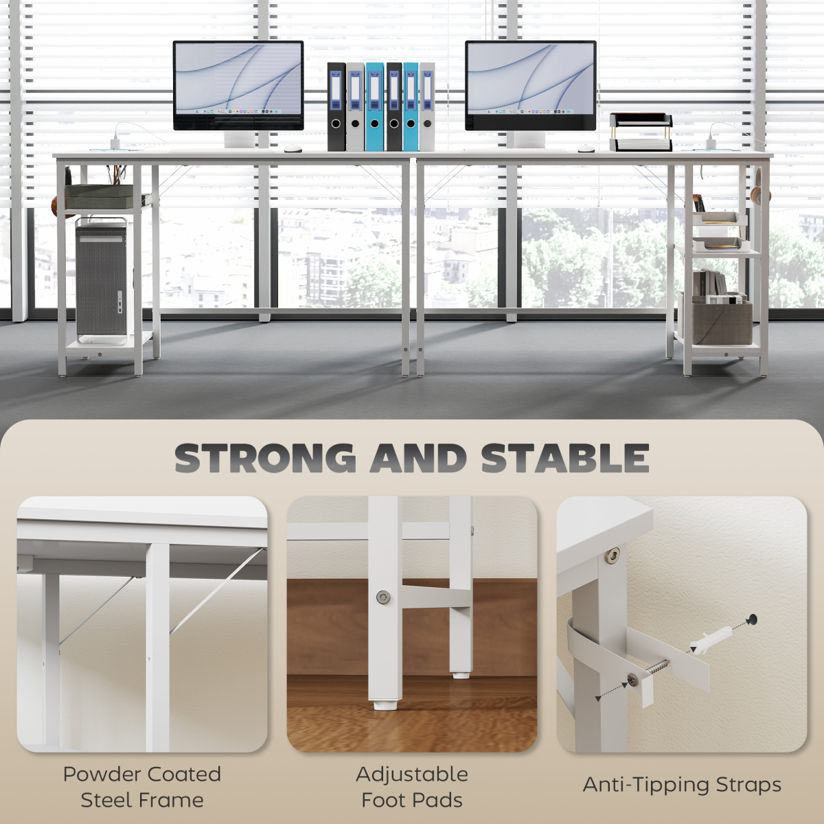 Home Office Desk with Power Outlets & Reversible Shelves (White) - 120×60 cm