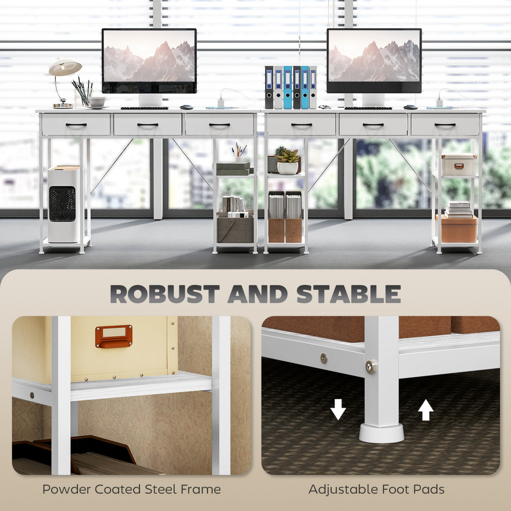 Workstation Desk with Power Outlets & Fabric Drawers (White) - 120×40 cm