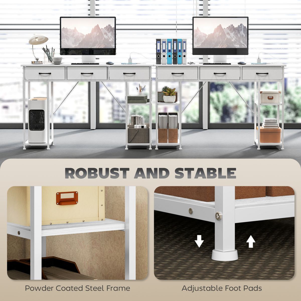 Workstation Desk with Power Outlets & Fabric Drawers (White) - 120×40 cm