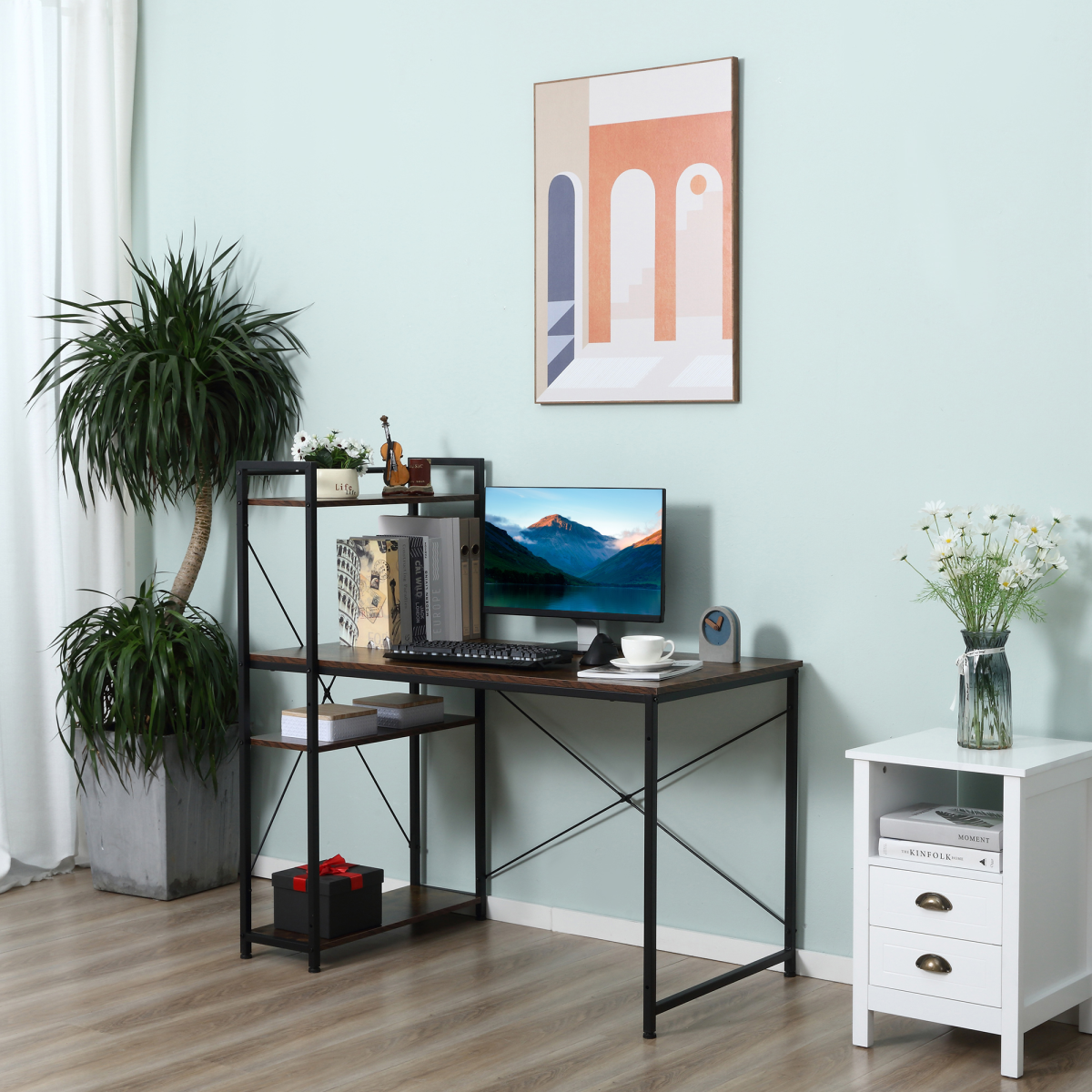 4-Tier Computer Desk with Bookshelf, Study Workstation PC Table for Home Office HTML