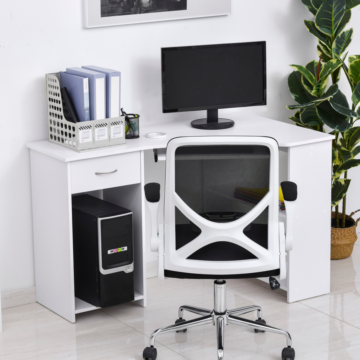 L-Shaped Corner Computer Desk with Shelves, Drawer & Keyboard Tray – White