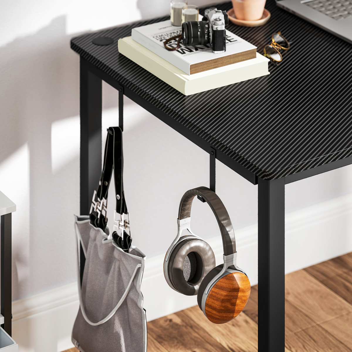 L‑Shaped Corner Desk with Storage Bag & Hooks  (Black) – 145×81 cm