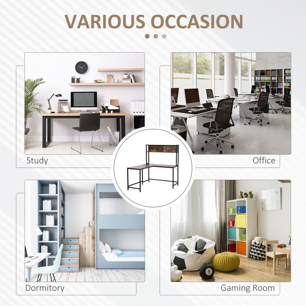Industrial L‑Shaped Desk with Shelf (Brown & Black) – 149×140×125 cm