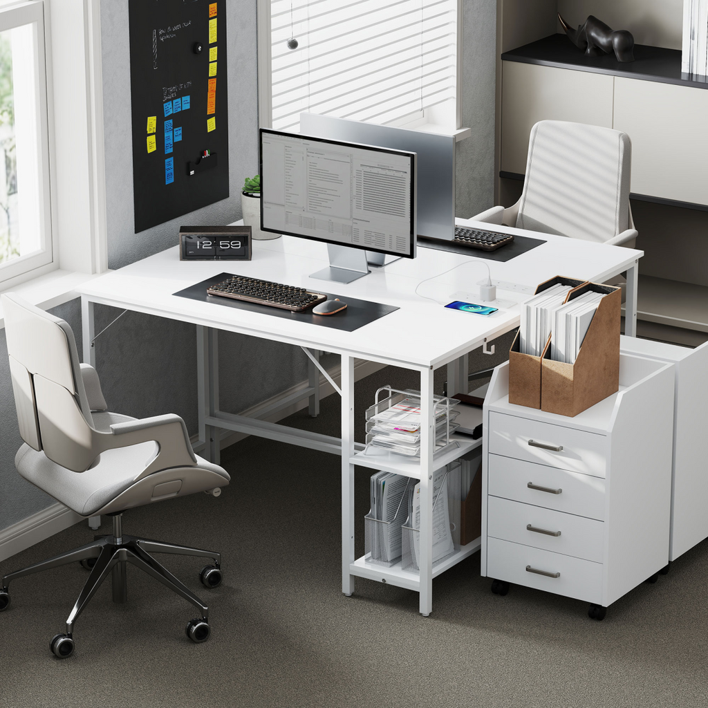 Home Office Desk with Power Outlets & Reversible Shelves (White) - 120×60 cm