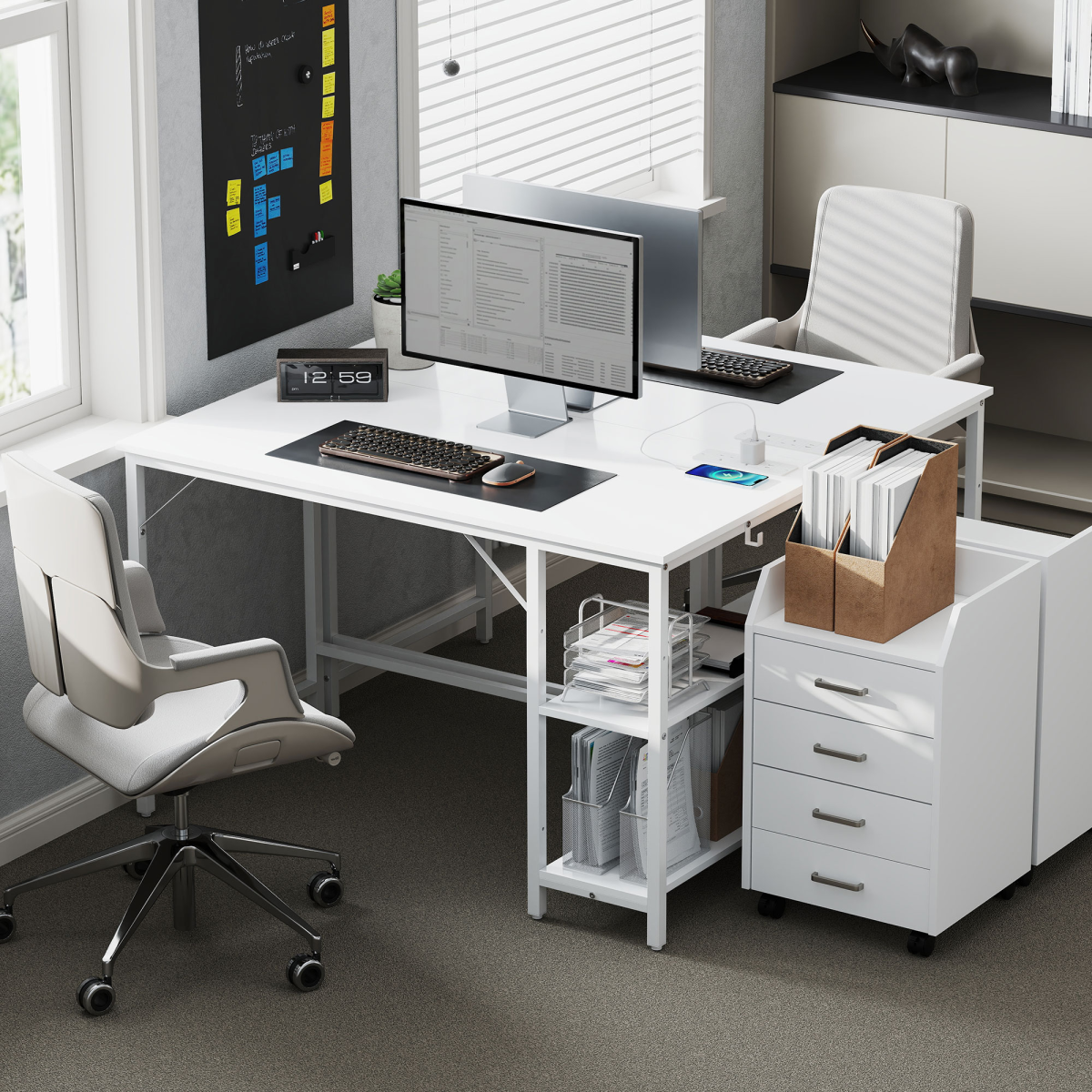 Home Office Desk with Power Outlets & Reversible Shelves (White) - 120×60 cm