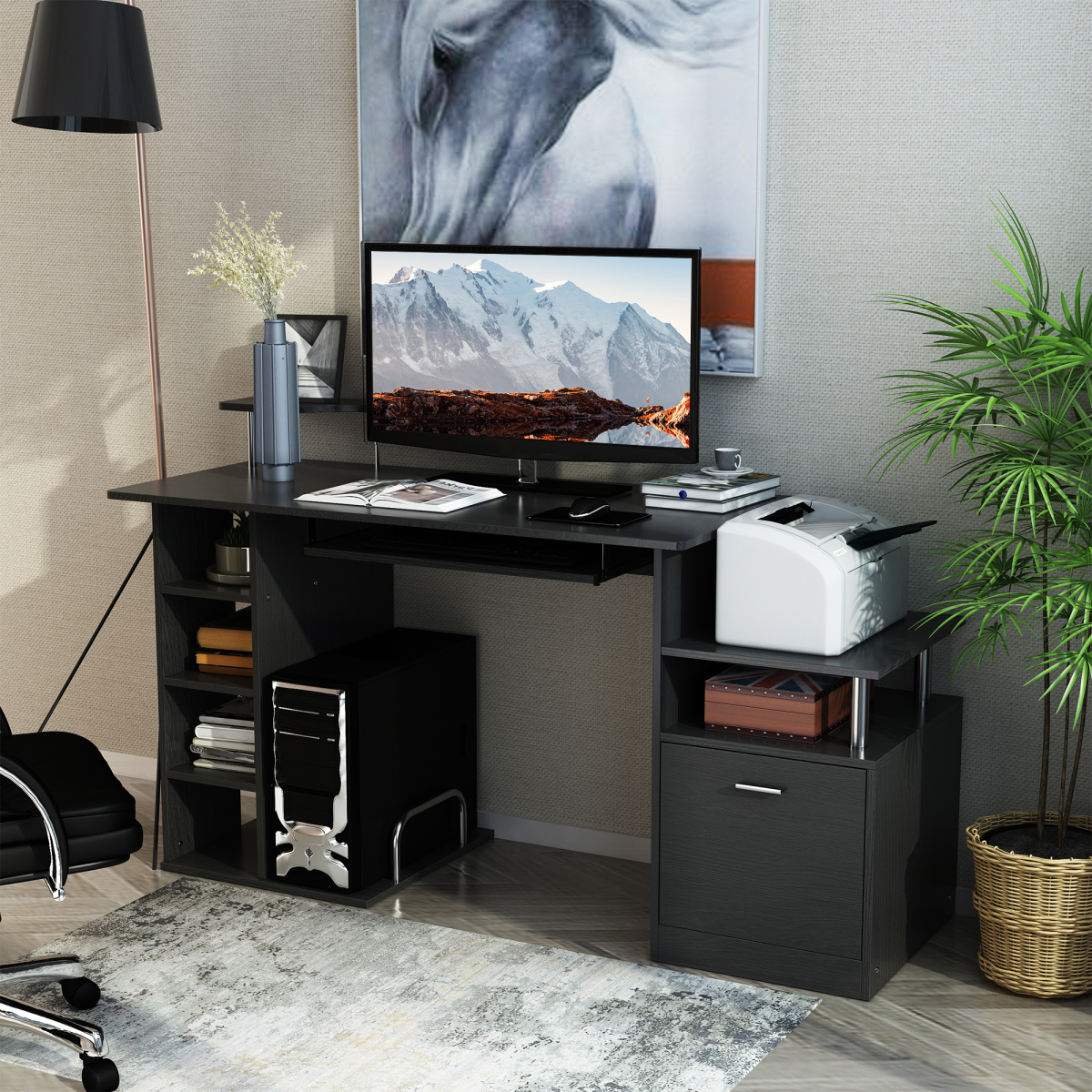 Wood Workstation Desk with Drawer & Shelves (Brown/White) – 120×60 cm