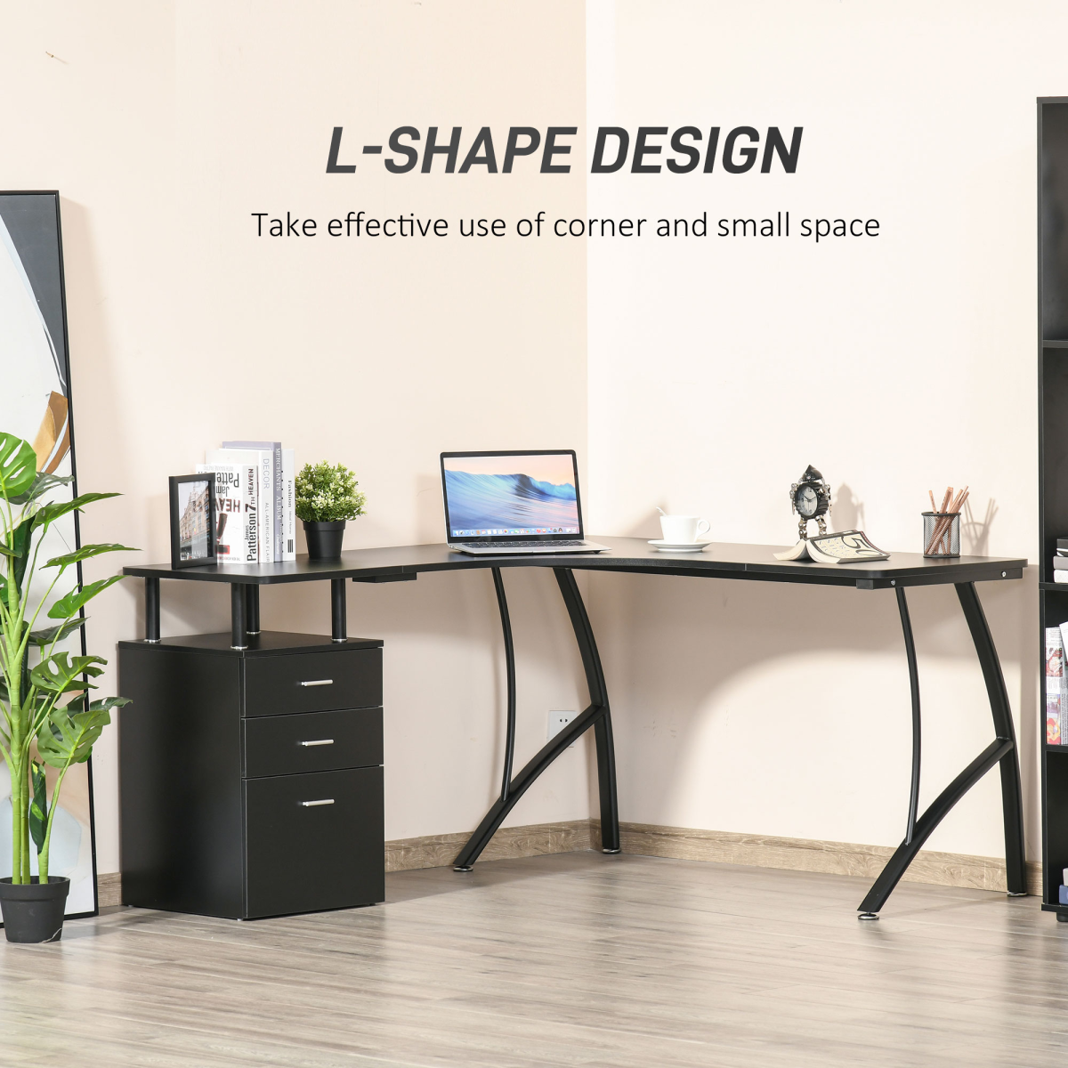 L-Shaped Corner Computer Desk with 3 Drawers – Black Home Office Workstation