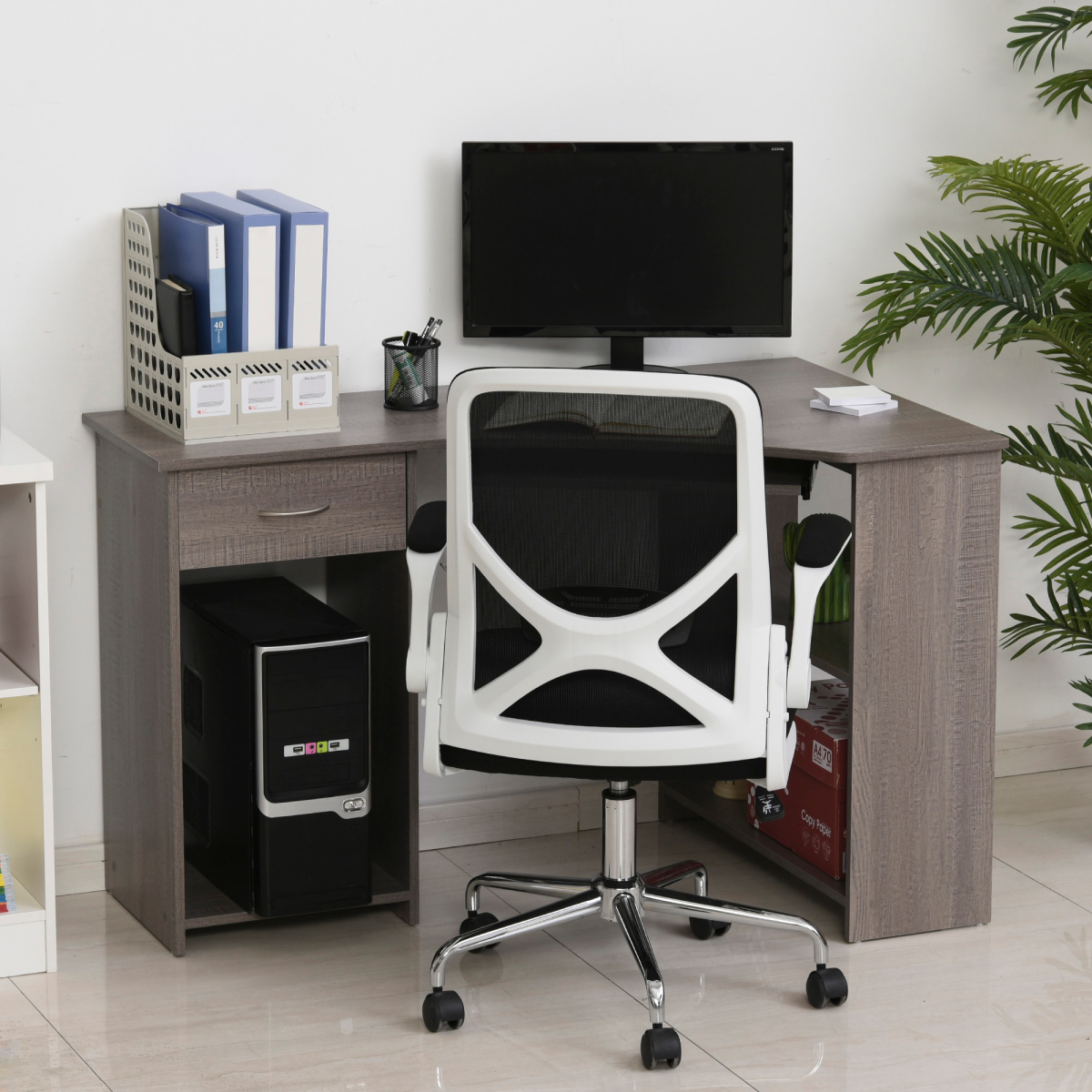 L‑Shaped Corner Computer Desk with 2‑Tier Shelves (Grey) - 120 cm