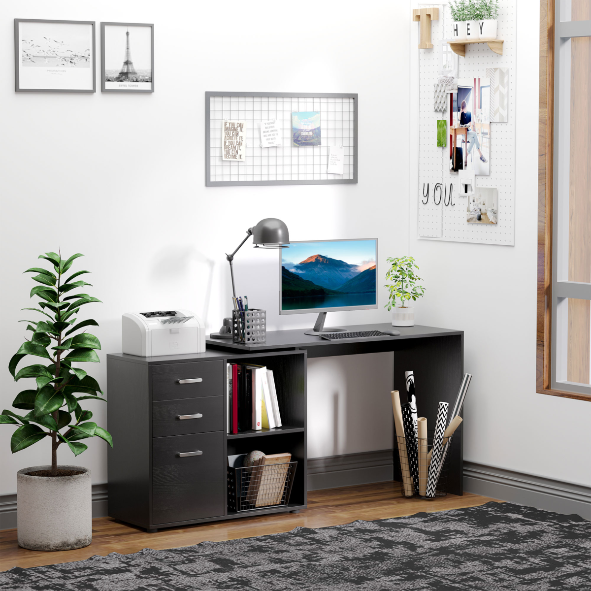 Convertible Workstation Desk with Drawer & Shelf (Black) - 162 x 50 cm