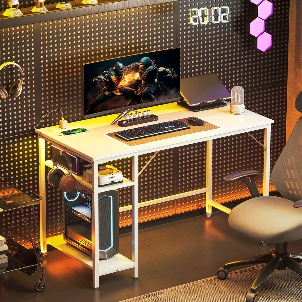 Home Office Desk with Power Outlets & Reversible Shelves (White) - 120×60 cm