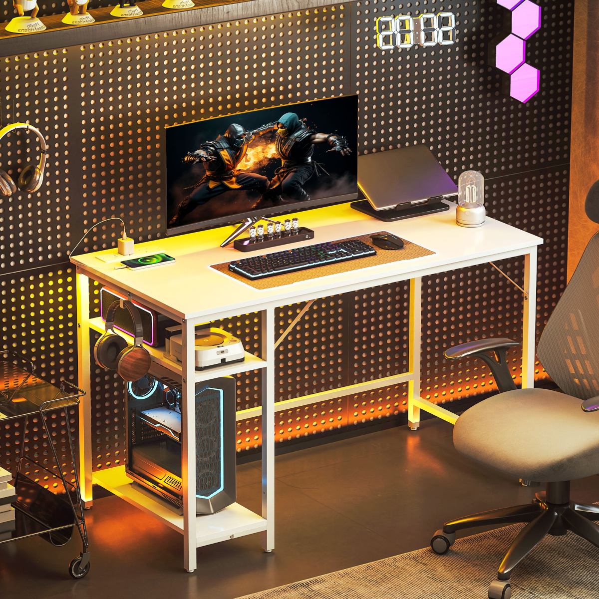 Home Office Desk with Power Outlets & Reversible Shelves (White) - 120×60 cm