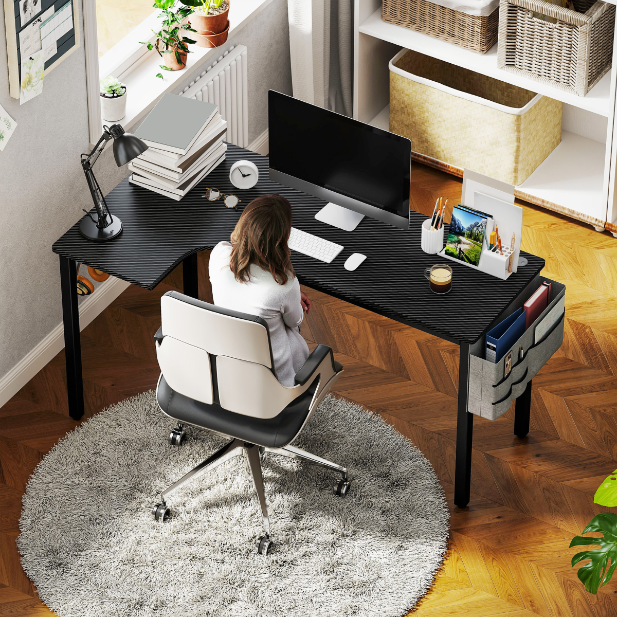 L‑Shaped Corner Desk with Storage Bag & Hooks  (Black) – 145×81 cm