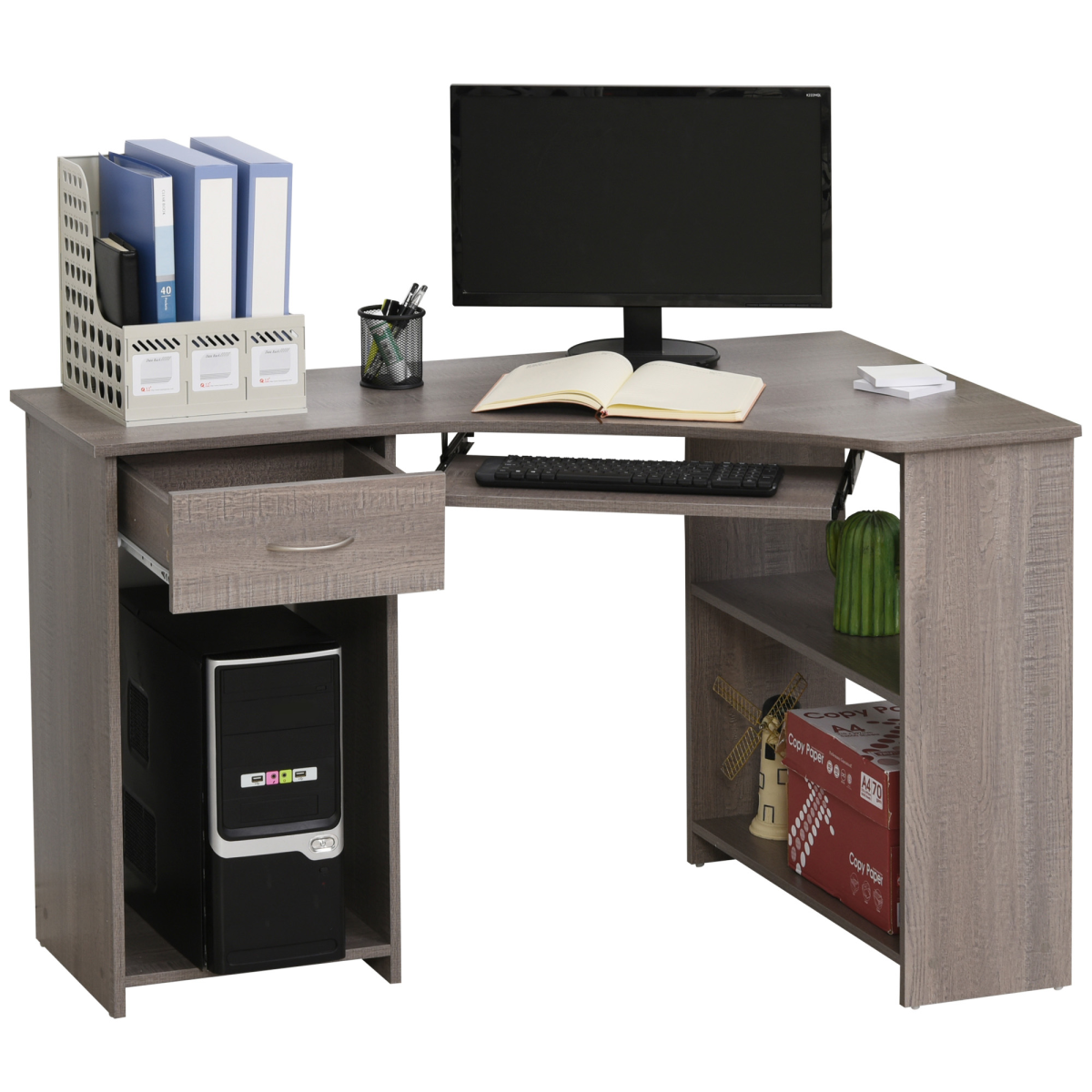 L‑Shaped Corner Computer Desk with 2‑Tier Shelves (Grey) - 120 cm