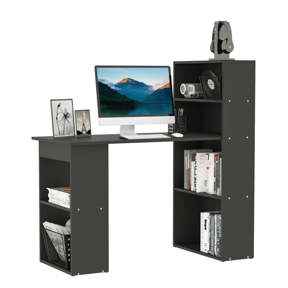 Computer Desk with 6‑Tier Storage Shelves (Black) - 120 cm
