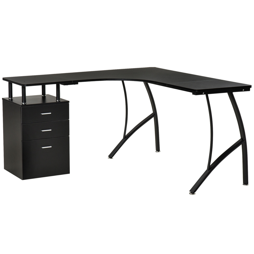 L‑Shaped Corner Computer Desk with 3‑Drawer Storage (Black)- 143.5 cm