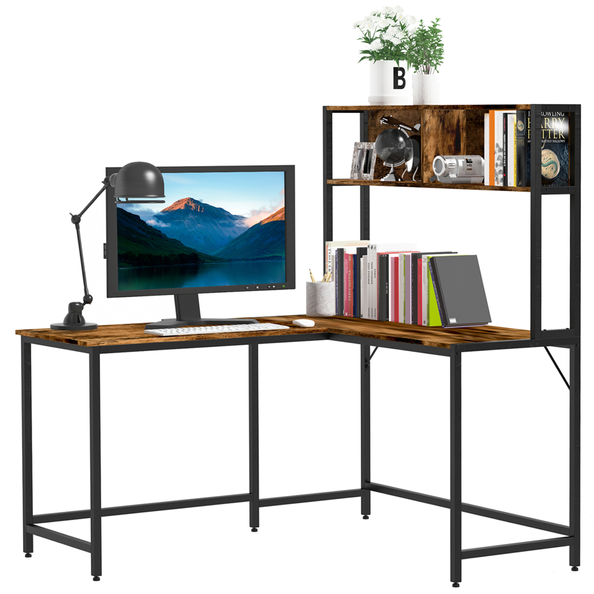 Industrial L‑Shaped Desk with Shelf (Brown & Black) – 149×140×125 cm