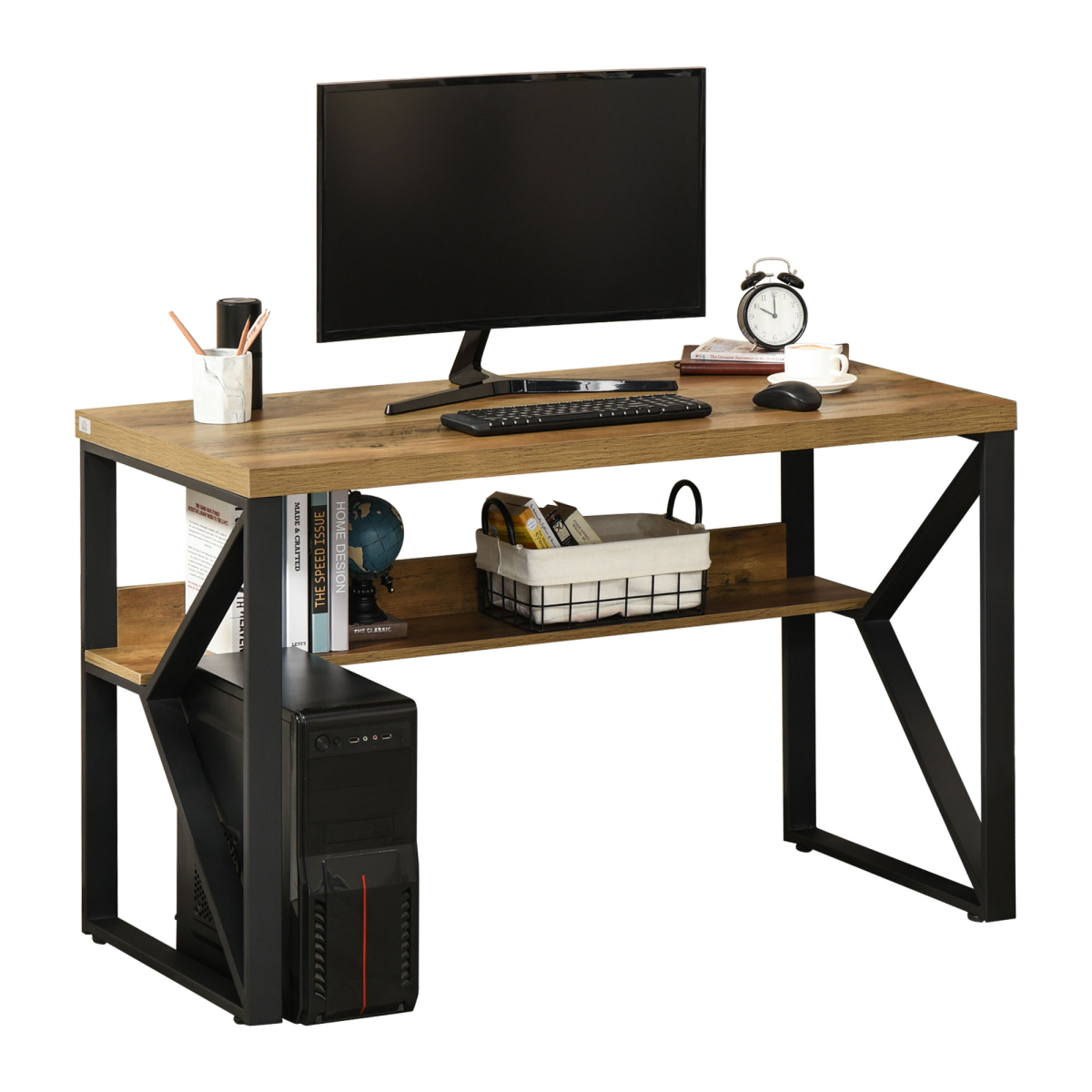 K‑Shaped Steel Computer Writing Desk with Storage Shelf (Brown) – 120 cm