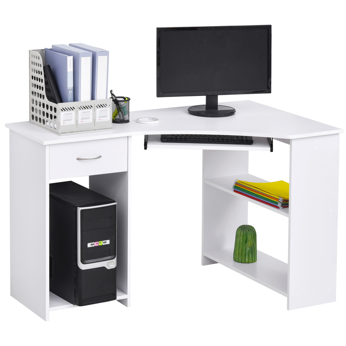 L-Shaped Corner Computer Desk with Shelves, Drawer & Keyboard Tray – White