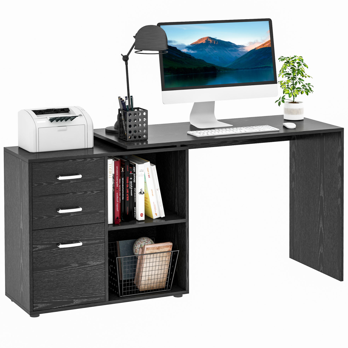Convertible Workstation Desk with Drawer & Shelf (Black) - 162 x 50 cm