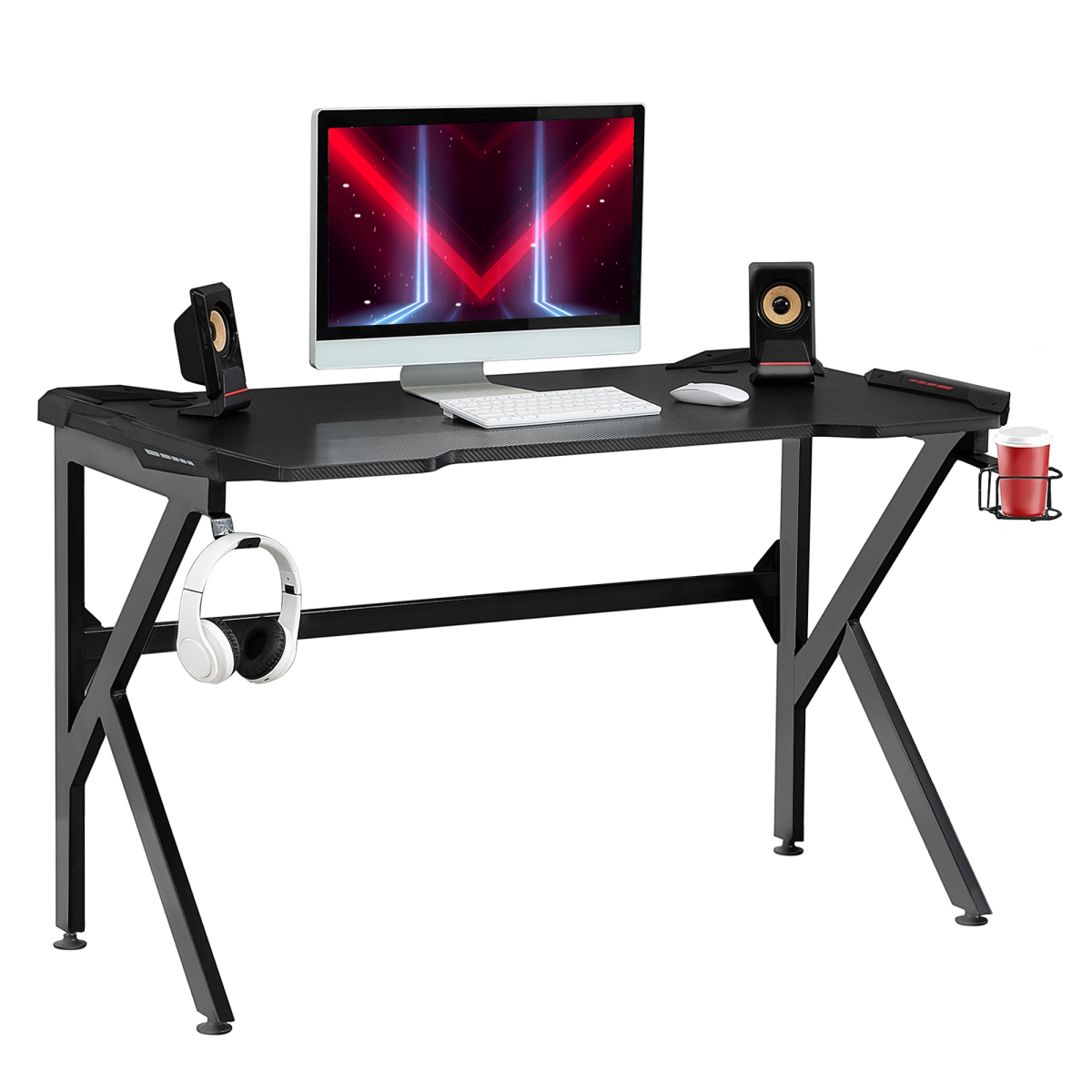 Gaming Desk with K‑Frame, Cup Holder & Headphone Hook (Black) - 120 x 60 cm